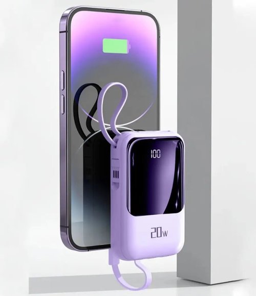 20000 mAh PD fast charging portable mobile power bank with built-in wire 20W