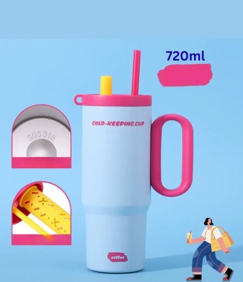 720ml Steel Thermal thermos Mug with Lid and Straw