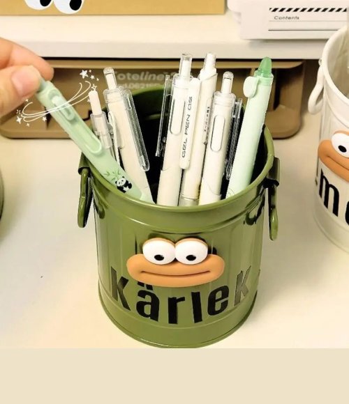 Pen Holder Retro Bucket Shape Desk Organizer Large Capacity Storage Holder for Pens Pencils Makeup Brushes
