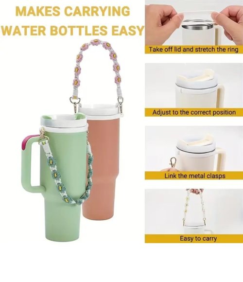 Hand-woven Water Bottle Handle Strap, Silicone Elastic Cup Ring Sling