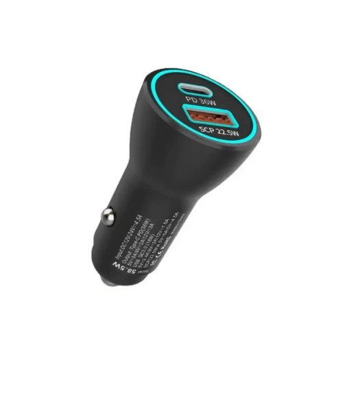 58.5W Car Charger USB-C PD + USB QC3.0 Fast Charge
