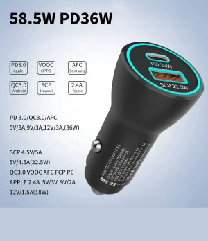 58.5W Car Charger USB-C PD + USB QC3.0 Fast Charge