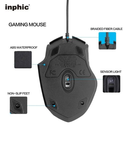 inphic USB Wired Mouse 4800 DPI Ergonomic PC Computer Laptop Gaming Mouse
