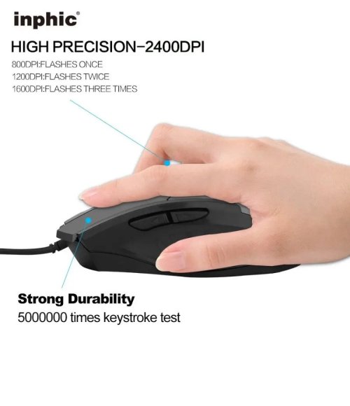 inphic USB Wired Mouse 4800 DPI Ergonomic PC Computer Laptop Gaming Mouse