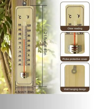 Wooden Analog Thermometer, Indoor and Outdoor Analogue Thermometer, Wall Thermometer for Home, Office, Garden