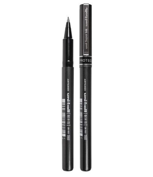 UNI Mitsubishi UB-155 gel pen with a 0.5mm barrel and the UB-177 quick-drying, high-capacity ballpoint pen BLUE