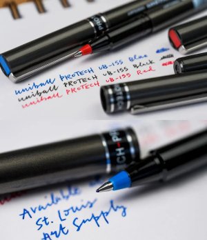 UNI Mitsubishi UB-155 gel pen with a 0.5mm barrel and the UB-177 quick-drying, high-capacity ballpoint pen BLUE