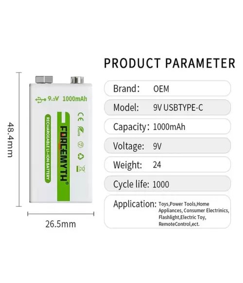 Rechargeable Li-ion Battery 9V 1000mAh Battery