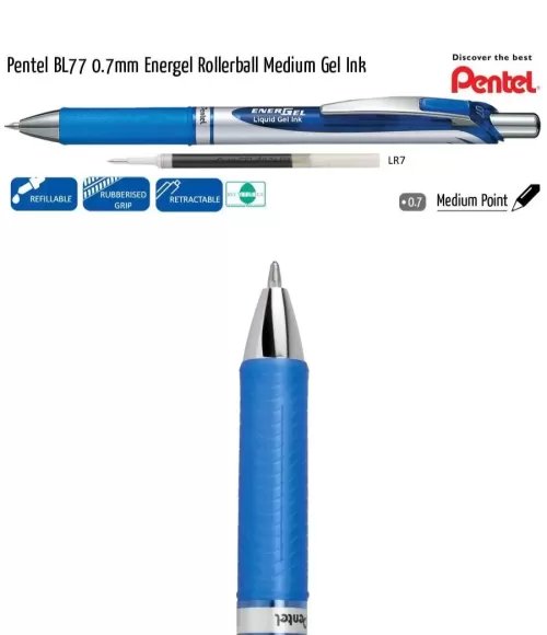 Pentel EnerGel  BL77 Rollerball Retractable Liquid Gel Ink Pen Blue